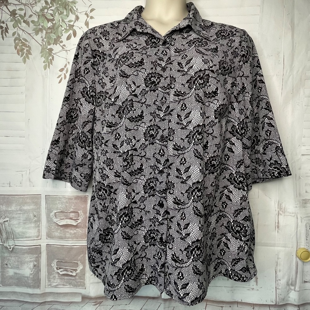Maggie Barnes Womens Black Button Up Mid Sleeve Top Blouse Plus Sz. 1X 18/20W